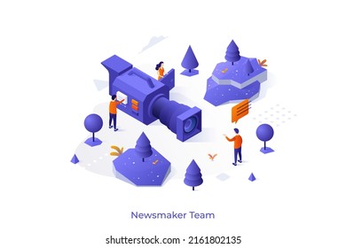 Conceptual template with man talking in front of video camera and people recording it. Scene for news production team, television reporting, newsmaking. Isometric vector illustration for website.