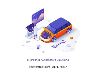 Conceptual template with man using control panel connected to microchip inside automobile. Scene for integrated circuits for automotive industry. Modern isometric vector illustration for website.