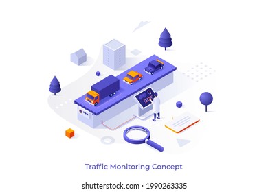 Conceptual template with man using electronic panel to control automobiles riding along road. Scene for smart city traffic monitoring system research. Isometric vector illustration for webpage.