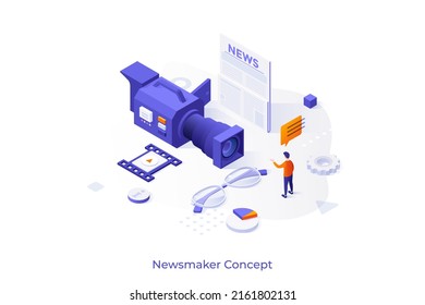 Conceptual template with man and video camera, newspaper, glasses. Scene for newsmaker, breaking news reporter, newscaster, television reporting. Modern isometric vector illustration for webpage.