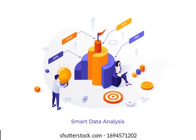 Conceptual template with man and woman analysts analyzing comparison diagram. Future of data analysis, financial analytics, market research. Isometric vector illustration for website, webpage.