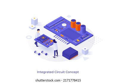 Conceptual template with man and woman carrying microprocessor to put it on motherboard. Scene for creation of integrated circuit or microchip. Modern isometric vector illustration for webpage.