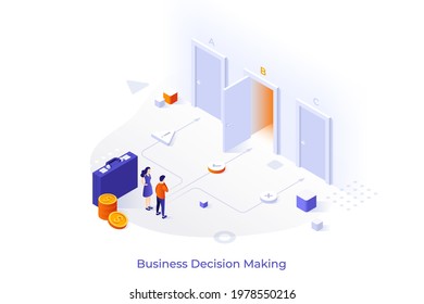 Conceptual template with man and woman choosing door to enter, coins, briefcase. Scene for business decision making, choice of market entry strategy. Isometric vector illustration for website.