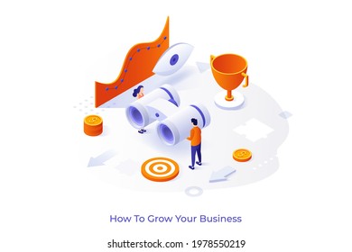 Conceptual template with man and woman holding binoculars, champion cup and progress graph. Scene for business growth, search for successful development strategy. Isometric vector illustration.