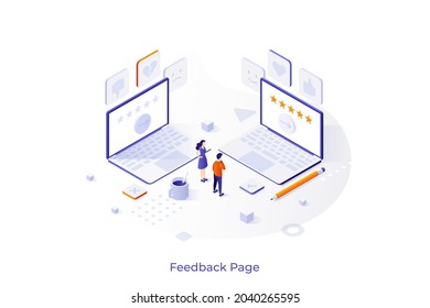 Conceptual template with man and woman looking at laptop computers with five star rating. Scene for user feedback page, positive review, approval by customers. Modern isometric vector illustration.