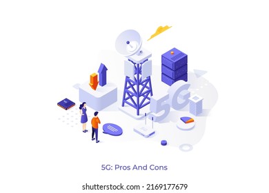 Conceptual template with man and woman looking at cell tower. Scene for pros and cons of 5G technology standard for digital cellular networks. Modern isometric vector illustration for webpage.