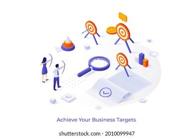 Conceptual template with man and woman shooting targets, document or contract, magnifier. Scene business objectives achievement, archery tournament. Isometric vector illustration for website.