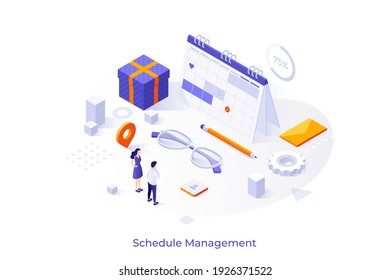 Conceptual template with man and woman standing at giant calendar or planner. Scene for effective work planning, business schedule management, productivity. Modern isometric vector illustration.