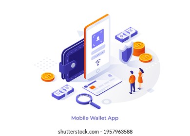 Conceptual template with man and woman standing at smartphone, money, bank card. Scene for mobile wallet app, contactless electronic payments. Modern isometric vector illustration for website.