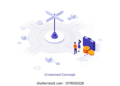 Conceptual template with man and woman standing at crossroad, money and briefcase. Scene for choice of business development direction, way or route. Isometric vector illustration for webpage.