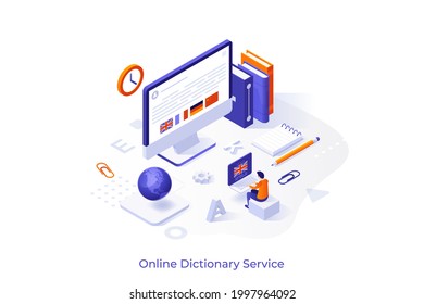 Conceptual template with man working on laptop and giant computer with flags of foreign countries on screen. Scene for online dictionary services. Modern isometric vector illustration for webpage.