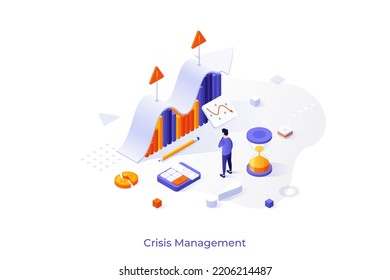 Plantilla conceptual con el gestor que busca un gráfico de barras ascendente. Escena para el servicio de gestión de crisis, desarrollo de estrategia de crecimiento de la empresa, rescate de negocios. Ilustración vectorial isométrica moderna.