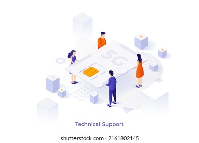 Conceptual Template With Men And Women Carrying Or Holding Large SIM Card. Scene For Mobile Network Operator, Wireless Communication Service Provider. Isometric Vector Illustration For Webpage.