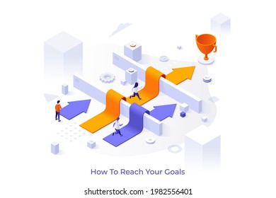 Conceptual template with men and women running along arrows laid over barriers towards champion cup. Scene for people reaching business goal and achieving success. Isometric vector illustration.