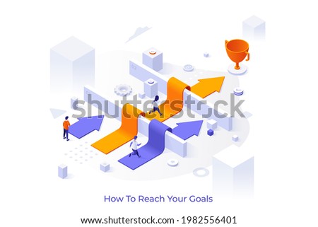 Conceptual template with men and women running along arrows laid over barriers towards champion cup. Scene for people reaching business goal and achieving success. Isometric vector illustration.