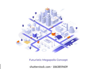 Plantilla conceptual con mapa de ciudades metropolitanas con áreas urbanas y suburbanas, edificios blancos, casas, rascacielos. Escena para una megápolis futurista. Ilustración vectorial isométrica moderna para la página web.