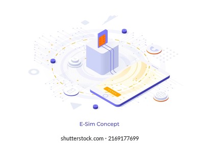 Conceptual template with microchip connected to smartphone. Scene for eSIM or electronic universal integrated circuit card, mobile technology. Modern isometric vector illustration for website.