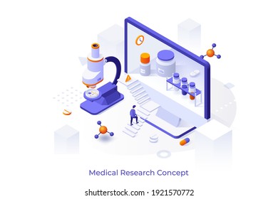 Conceptual template with microscope, man ascending stairs and entering computer screen with pills and test tubes inside. scene for medical or pharmaceutical research. Isometric vector illustration.