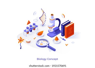 Conceptual template with microscope, Petri dishes, lab equipment. Scene for learning biology, microbiology, medicine. Isometric vector illustration for internet university course advertisement.
