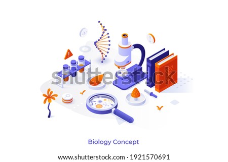 Conceptual template with microscope, Petri dishes, lab equipment. Scene for learning biology, microbiology, medicine. Isometric vector illustration for internet university course advertisement.