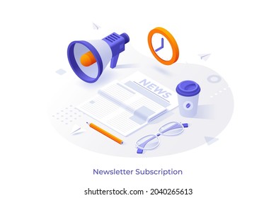 Conceptual Template With Newspaper, Megaphone, Clock, Glasses, Coffee Cup. Scene For Subscription To Newsletter, Reading Business News Online. Modern Isometric Vector Illustration For Webpage.