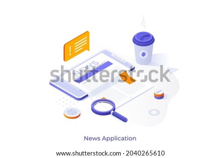 Conceptual template with newspaper on smartphone and magnifying glass. Scene for mobile application for reading news, subscription to newsletter. Modern isometric vector illustration for website.