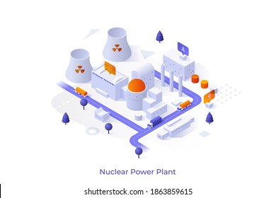 Conceptual template with nuclear power plant, cooling towers, factory buildings. Scene for electric energy generation in urban industrial area. Modern isometric vector illustration for website.