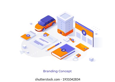 Conceptual template with office supplies, automobile and building with company's logotype on them. Scene for corporate branding, identity, promotional merchandise. Isometric vector illustration.