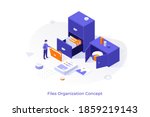 Conceptual template with office worker and storage cabinet full of documents in folders. Scene for file organization, archive of business data or information. Modern isometric vector illustration.