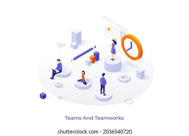 Conceptual template with office workers or clerks, clock and diagrams. Scene for teamwork, collective work of teammates, corporate team. Modern isometric vector illustration for website, webpage.