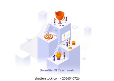 Conceptual template with office workers or entrepreneurs climbing up stairs leading to golden champion cup. Scene for leader award, leadership, business competition. Isometric vector illustration.