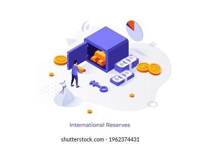 Conceptual template with opened safe full of gold bars or ingots, banknotes and coins, currencies. Scene for international reserves or holdings. Modern isometric vector illustration for website.