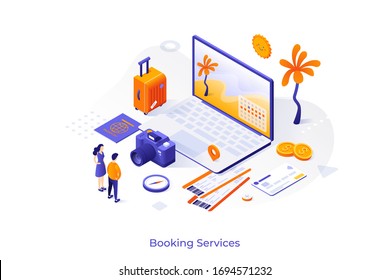 Conceptual template with pair of tourists standing in front of giant laptop computer, plane tickets, suitcase. Modern isometric vector illustration for online travel booking service advertisement.