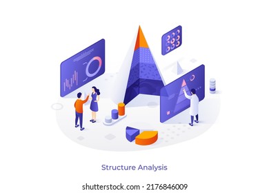 Plantilla conceptual con personas analizando gráficos, diagramas, gráficos. Escena para análisis estructural, análisis de datos, sistema de monitoreo de información. Ilustración vectorial isométrica moderna para la página web.