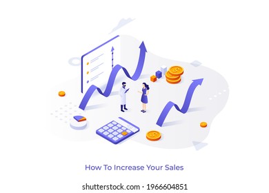 Konzeptionelle Vorlage mit Menschen, aufsteigende Diagramme und Dollar-Münzen. Scene for Marketing Strategie für Umsatzsteigerung, Gewinnwachstum und Fortschritt. Moderne isometrische Vektorgrafik für Webseiten.