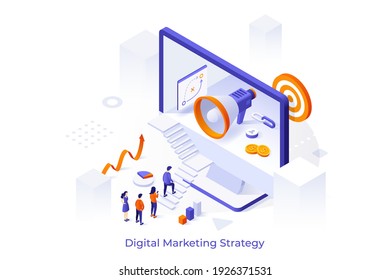 Conceptual template with people ascending stairs to enter computer with megaphone inside. Scene for digital marketing strategy, SMM, internet advertising. Modern isometric vector illustration.