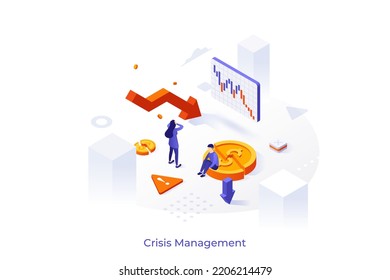 Conceptual template with people, broken coin, descending chart. Scene for crisis management strategy, company financial problem solution. Modern colorful isometric vector illustration for website.