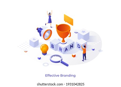 Conceptual template with people, building blocks with word on it, champion cup. Scene for successful brand strategy, effective branding, advertising campaign. Modern isometric vector illustration.