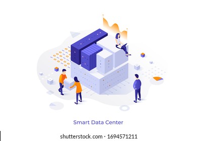 Conceptual template with people carrying cubic blocks or sitting on them. Smart data center, information storage system, database. Isometric vector illustration for internet service advertisement.