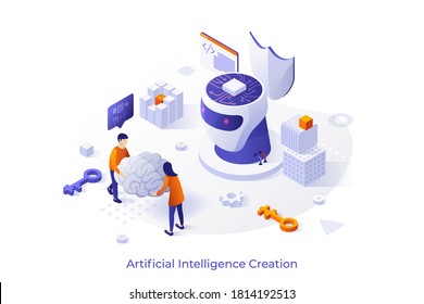 Conceptual template with people carrying giant brain to put it inside robot's head. Scene of creation of artificial intelligence, machine learning technology. Isometric vector illustration.