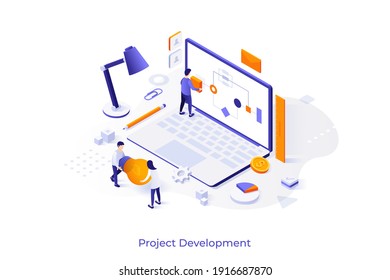 Conceptual template with people carrying lightbulb and making flowchart on giant laptop computer. Scene for work for business project development. Modern isometric vector illustration for website.