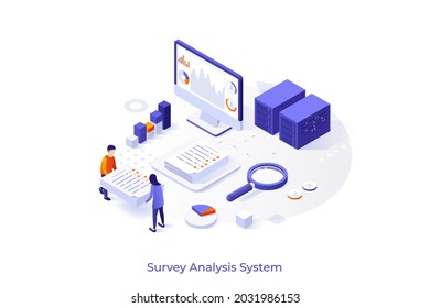 Conceptual Template With People Carrying Piles Of Questionnaires, Diagrams On Computer Screen. Scene For Survey Analysis System, Statistical Data Collection. Modern Isometric Vector Illustration.