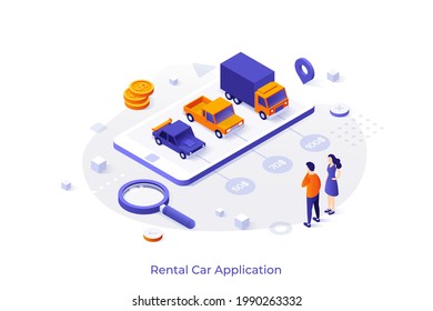 Conceptual template people choosing between automobiles for rent on smartphone. Scene for mobile application for car rental or leasing service. Modern isometric vector illustration for webpage.