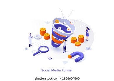 Conceptual template with people, coins, magnifier, magnet. Scene for social media sales funnel, SMM, marketing strategy to attract customers. Modern isometric vector illustration for website.