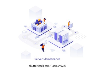 Conceptual template with people fixing computer hardware in data center. Scene for web server maintenance services, technical work. Modern colorful isometric vector illustration for website.