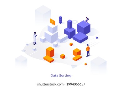 Plantilla conceptual con personas y cubos o bloques gigantes. Escena para la ordenación de datos, análisis de clúster, organización de la información, organización de la base de datos. Isometric vector ilustración para sitio web.