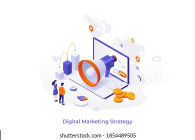 Conceptual template with people, giant megaphone, laptop and coins. Scene for digital marketing strategy, SMM, internet advertisement, online advertising campaign. Isometric vector illustration.