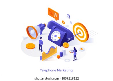 Conceptual template with people, giant telephone, target, megaphone, diagrams. Scene for phone sales, direct marketing, telemarketing, telesales. Modern isometric vector illustration for website.