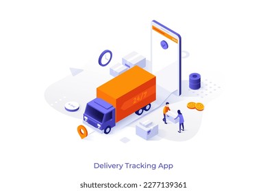 Conceptual template with people loading cargo vehicle and smartphone. Scene for mobile application for express delivery tracking, phone app for logistics service. Isometric vector illustration.