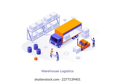 Conceptual template with people loading truck, forklift and boxes on shelving. Scene for warehouse logistics and cargo transportation services. Modern isometric vector illustration for webpage.